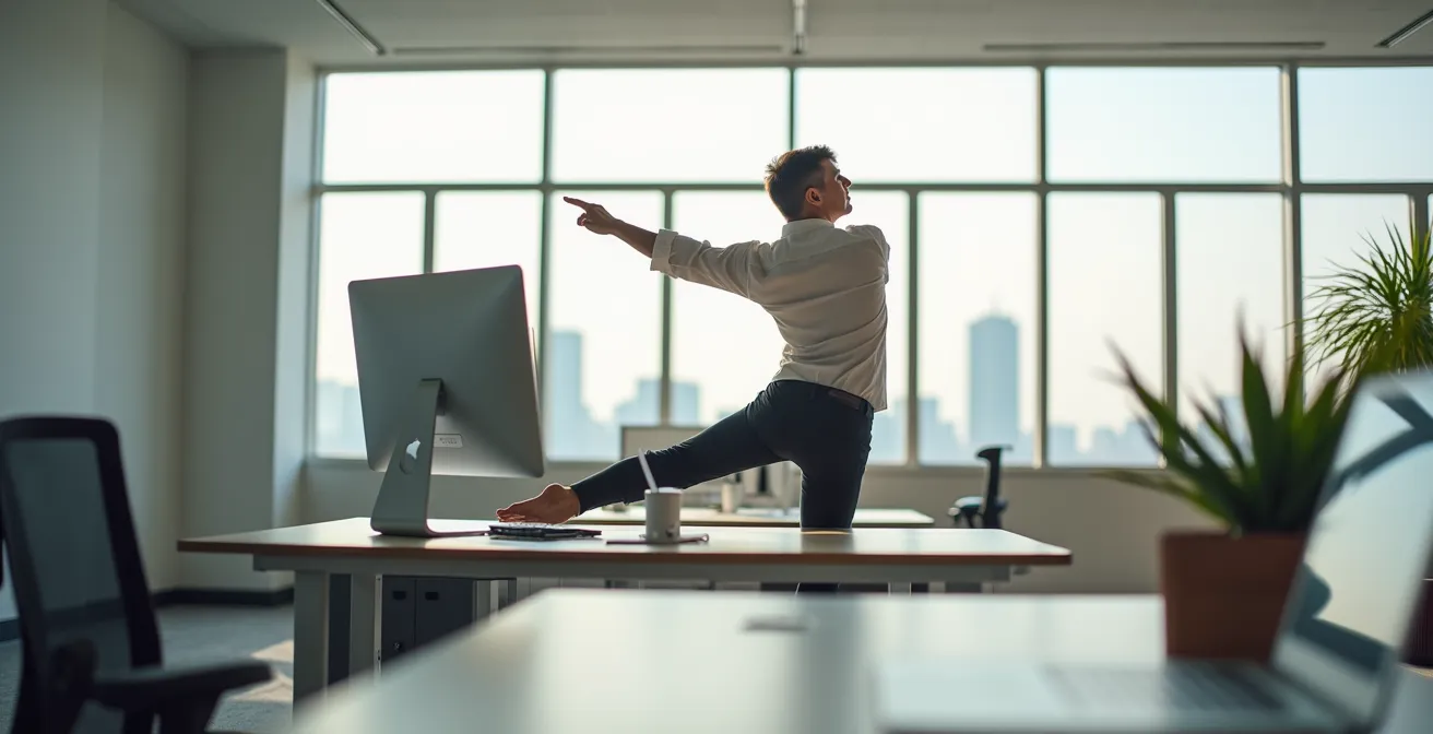 Professional doing quick stretching exercises beside a standing desk in modern office