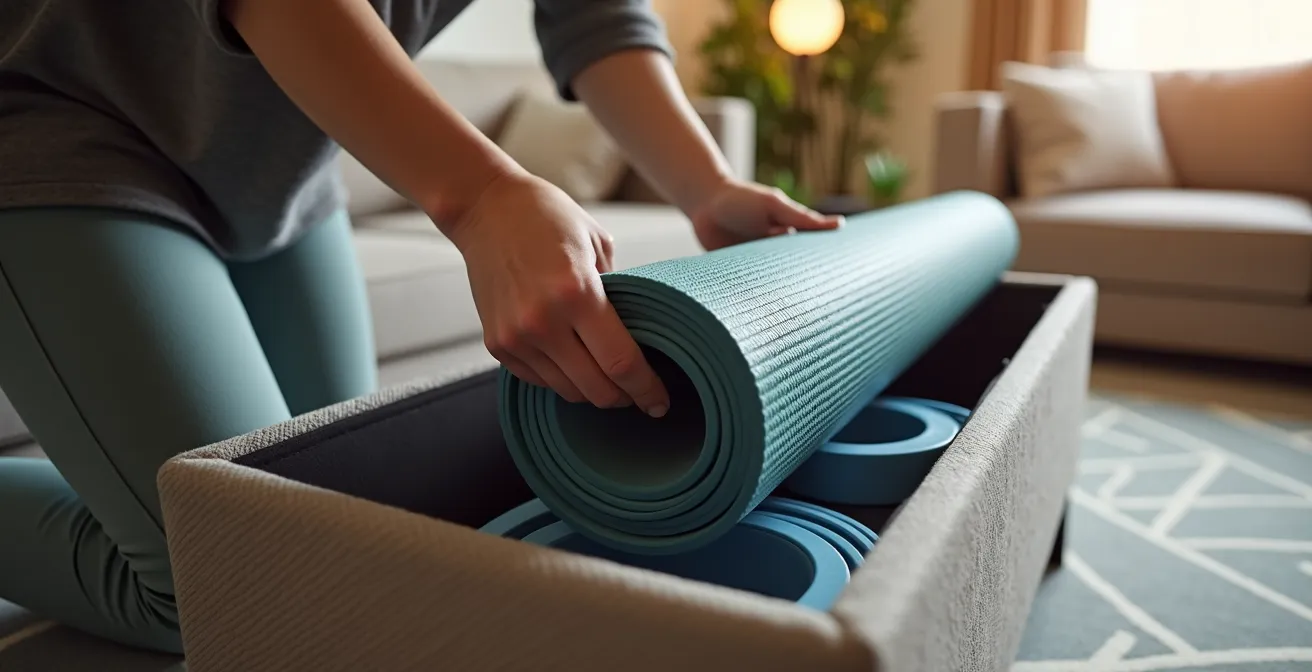 Stylish living room corner with decorative ottoman storage box opened to reveal organized fitness equipment
