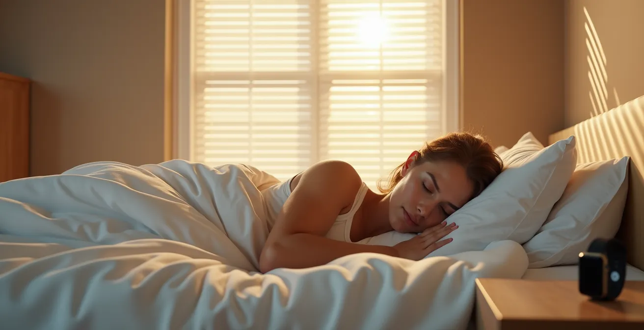Peaceful bedroom scene with athlete sleeping, soft morning light creating patterns through blinds