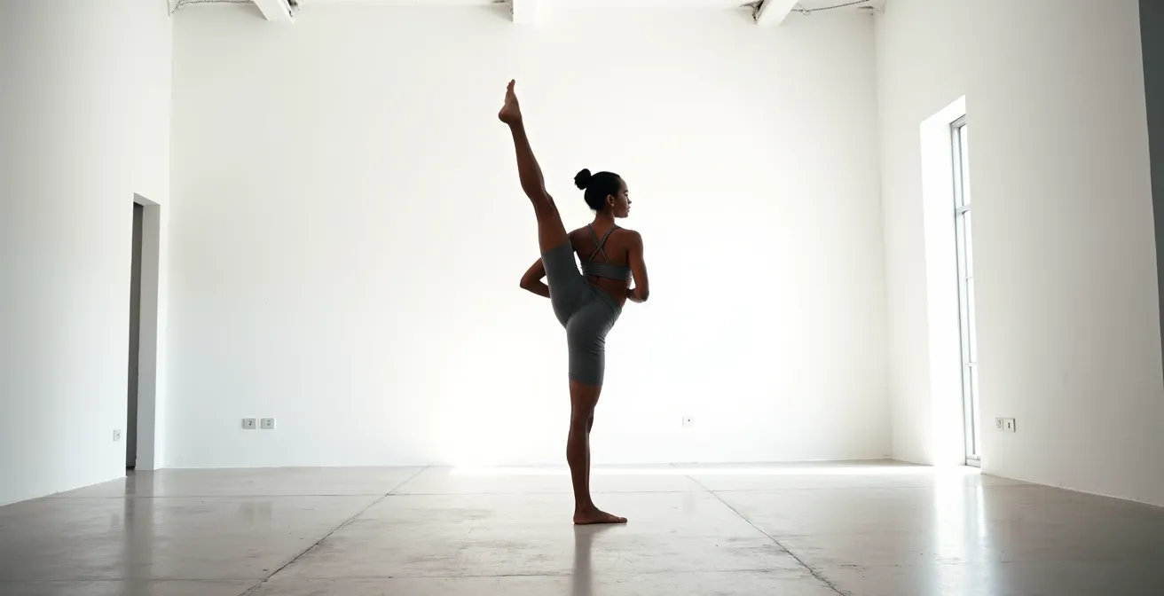 Athlete performing single-leg balance test in minimalist studio