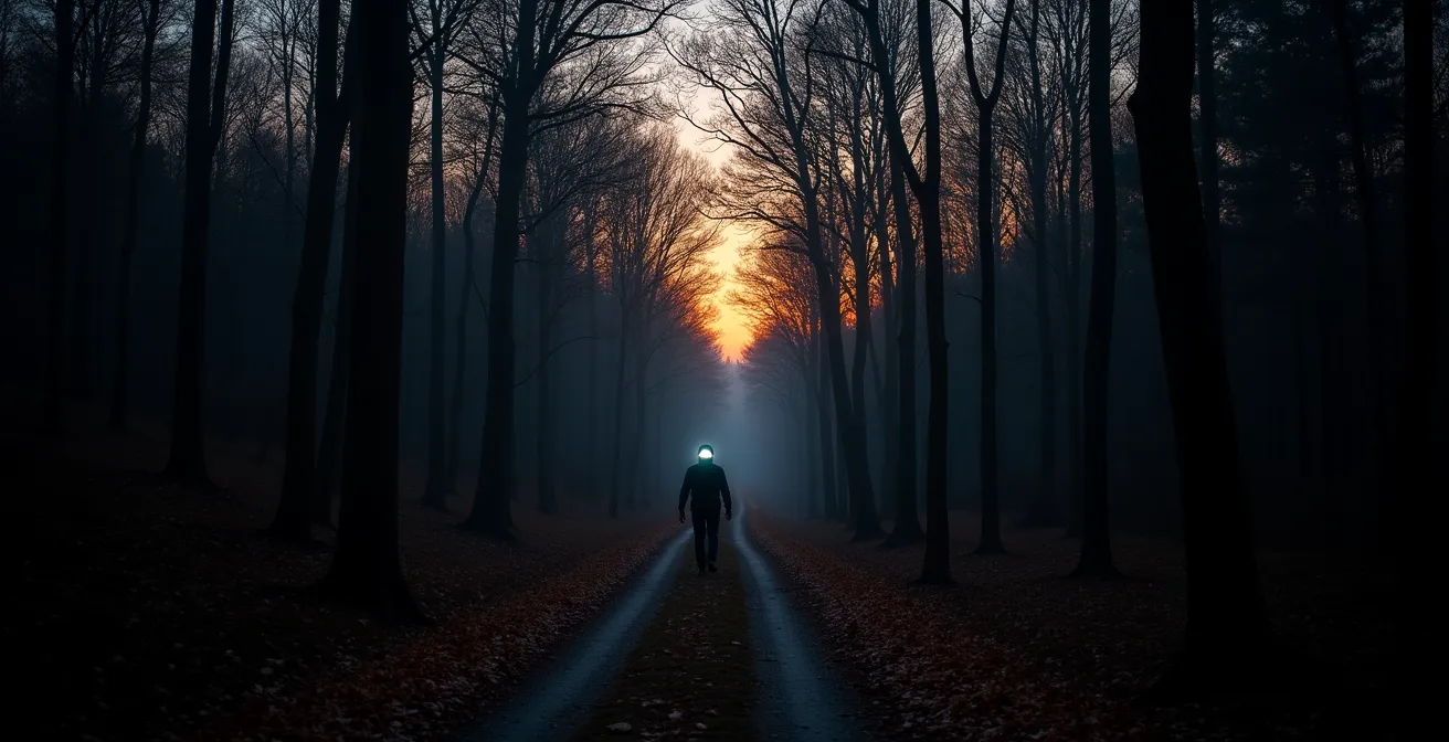 Forest trail showing dramatic light difference under tree canopy at dusk
