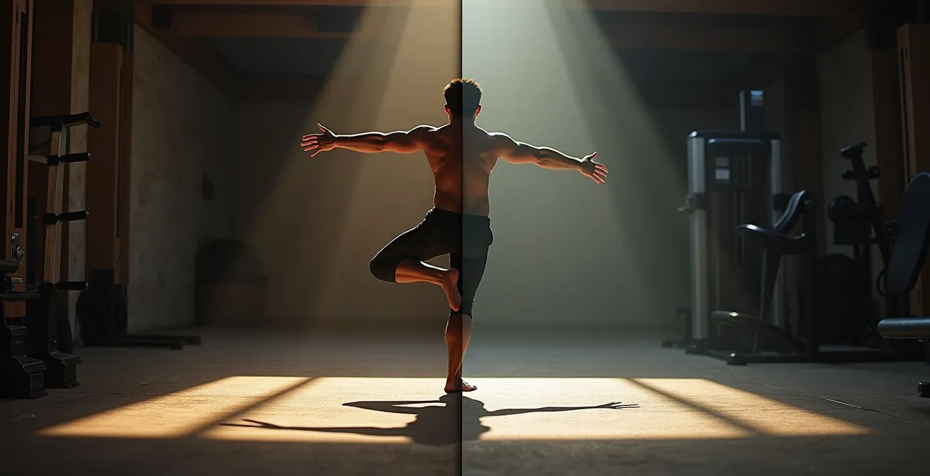 Split view showing bodyweight balance training versus machine exercise