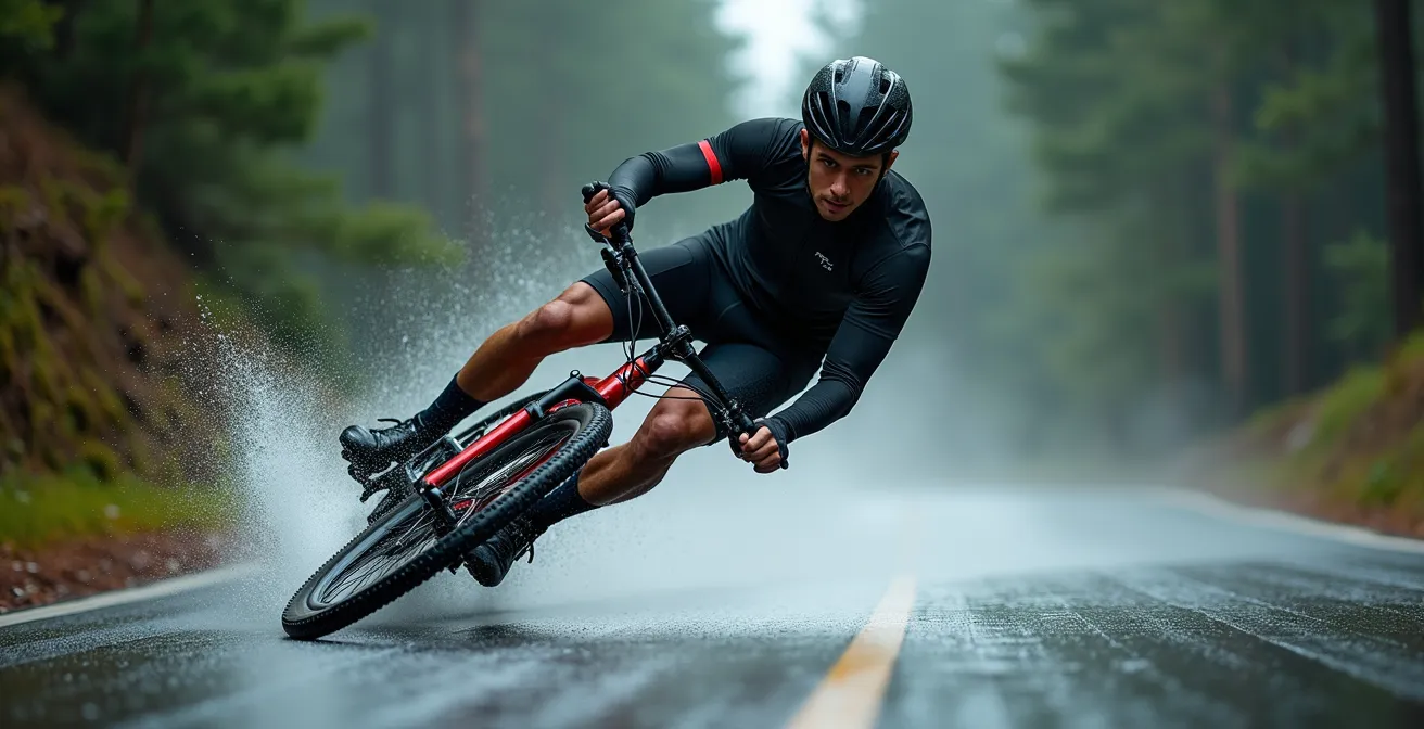 Cyclist demonstrating bike-body separation technique while cornering on wet road surface