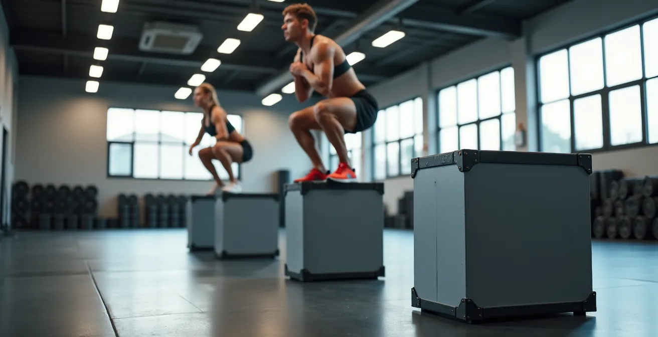 Athletic demonstration of progressive box squat heights from high to low position