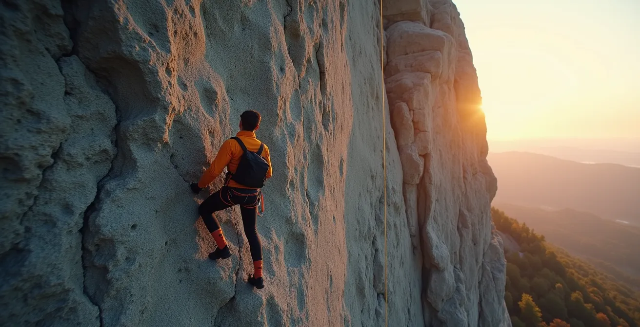 Rock climber finding a perfect grip on a challenging cliff face, demonstrating the optimal balance between a high challenge and their advanced skill level.