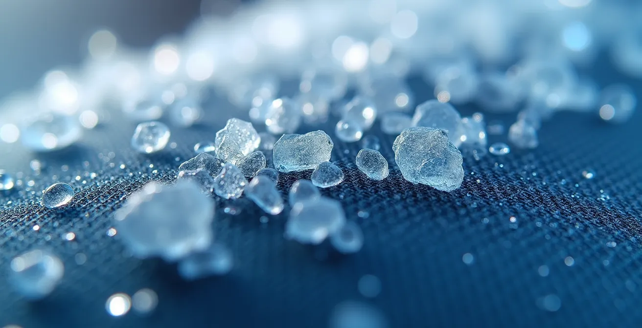 Extreme close-up of frost-covered athletic gear showing cold weather exertion