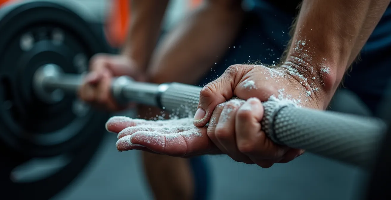 Close-up macro shot of hands gripping barbell showing explosive push phase with chalk dust