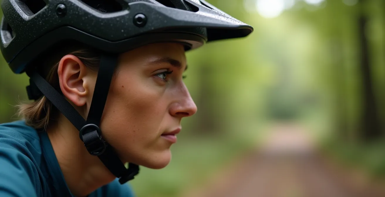 Mountain biker's perspective showing eyes focused far ahead on winding trail, demonstrating proper scanning technique