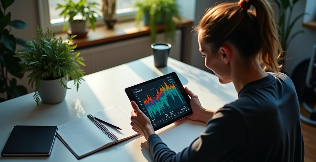 Athlete reviewing training data on tablet in modern home office setting