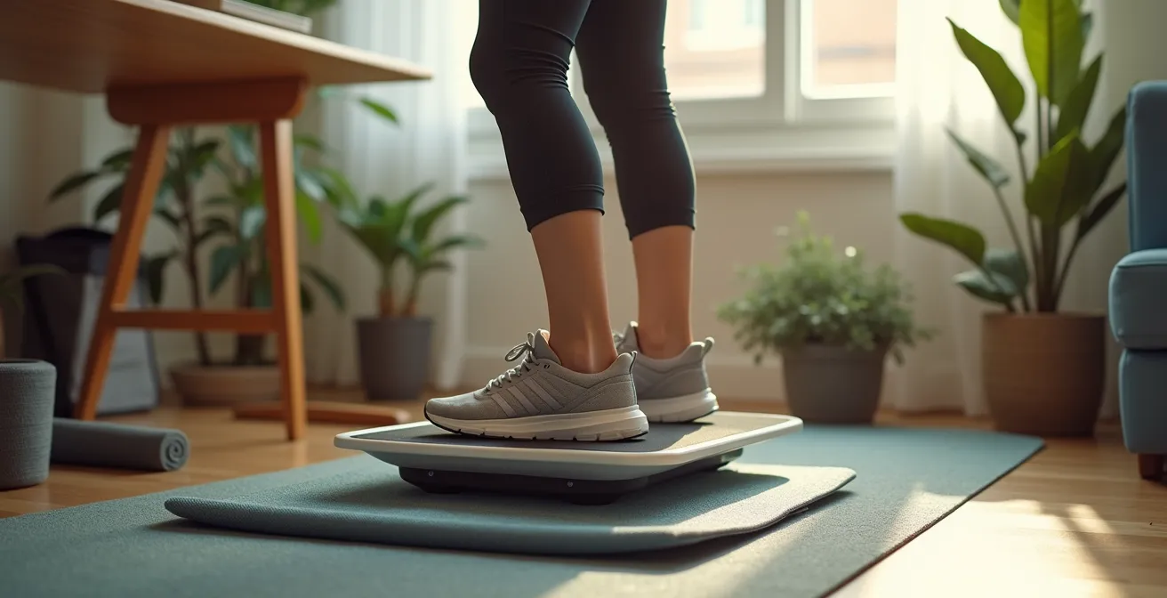 Professional using standing desk with balance board during work