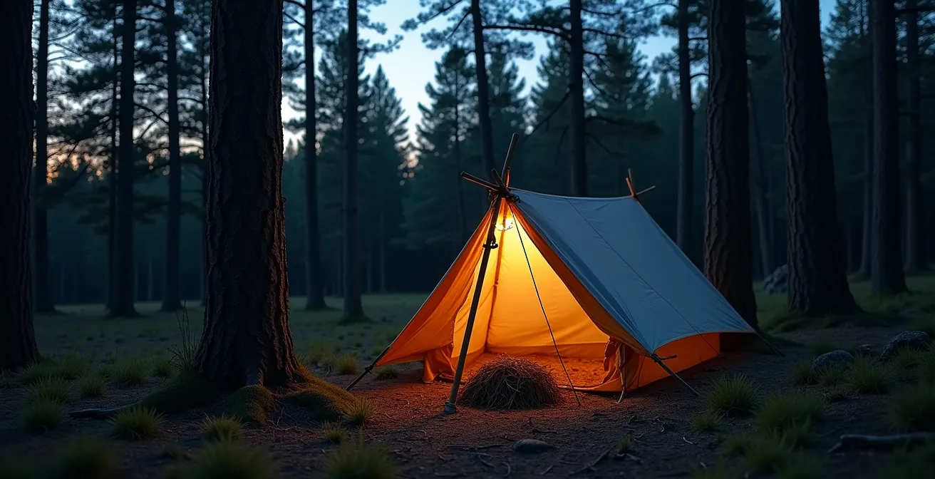 Improvised emergency shelter using day hiking gear in forest setting