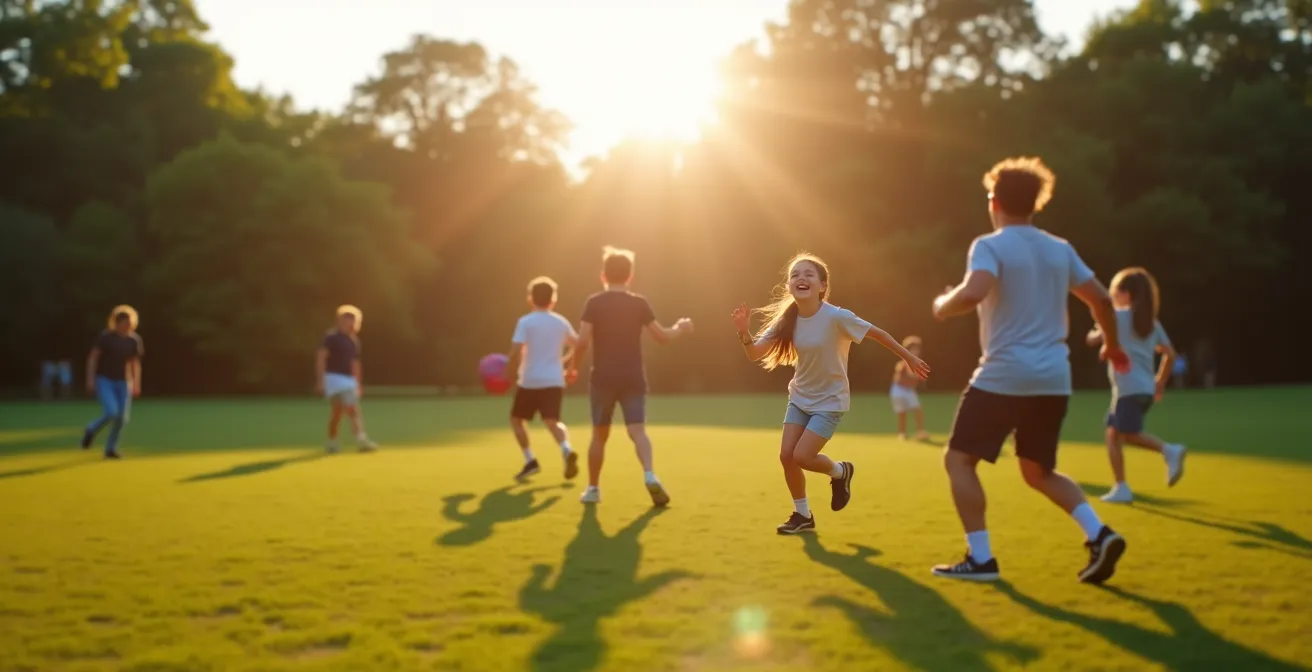 Adults engaged in joyful physical activity resembling childhood play in a park.