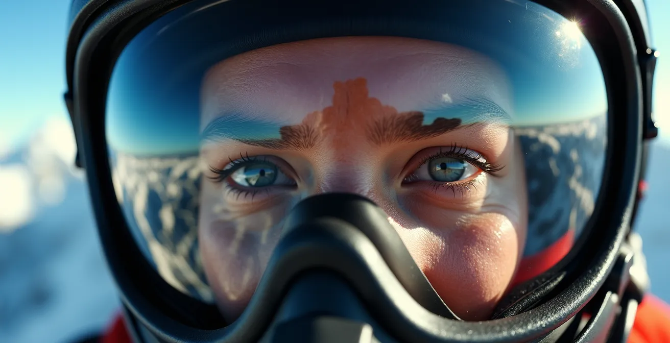 Extreme close-up on the eyes of a wingsuit flyer, visible through their helmet visor, capturing the intense, pinpoint focus induced by high-risk activity.