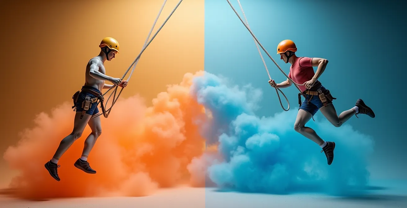 Split-screen comparison showing fall factor physics between rope climbing and via ferrata systems