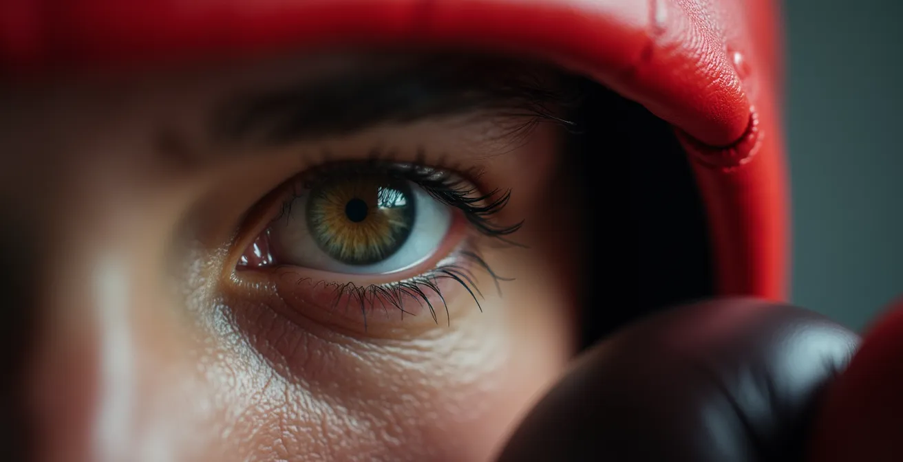 Extreme close-up of fighter's eye tracking an incoming gloved fist with perfect focus and control