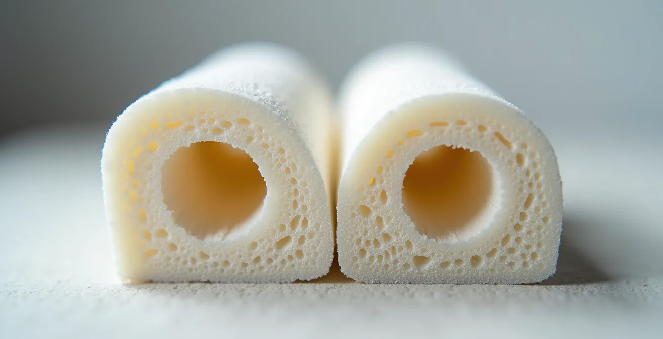 Macro view of protective foam showing the difference in cell structure between new foam and permanently compressed foam.