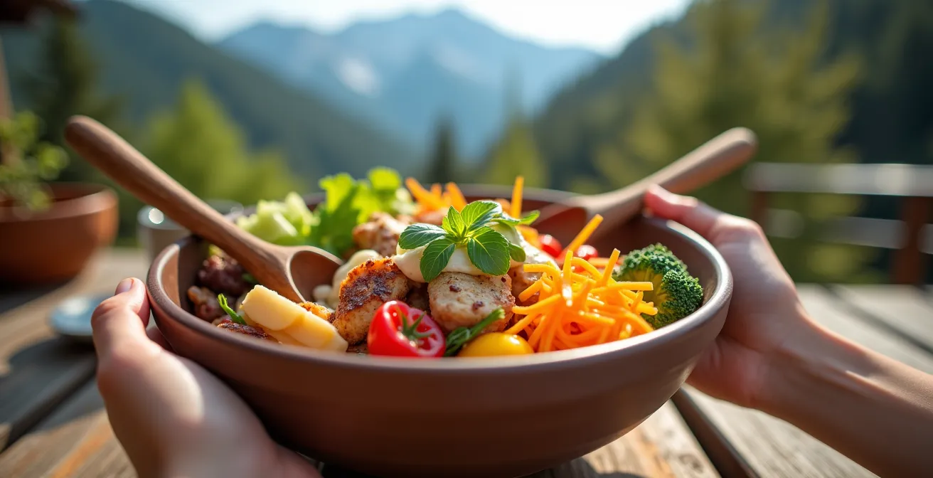 Colorful balanced meal on an outdoor terrace with a mountain backdrop