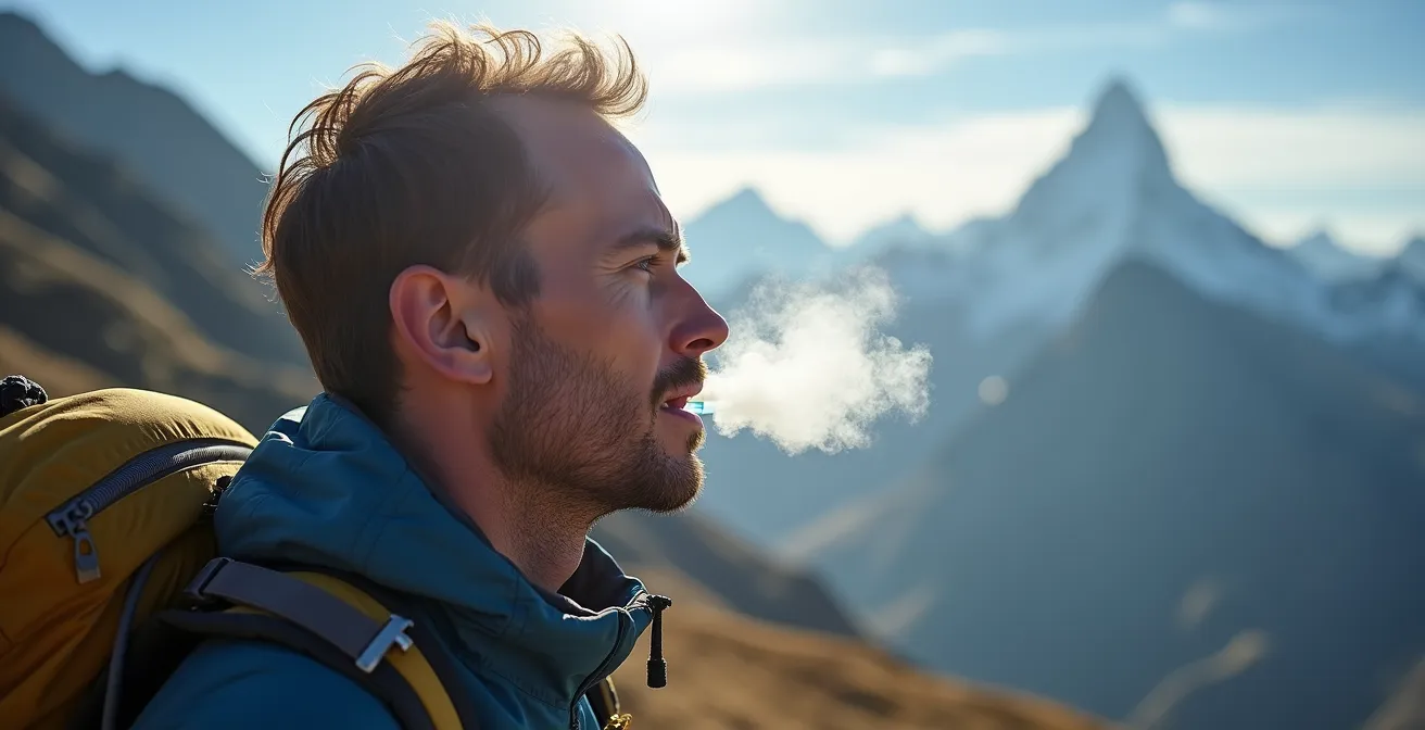 Trekker's hydration setup in dry mountain environment