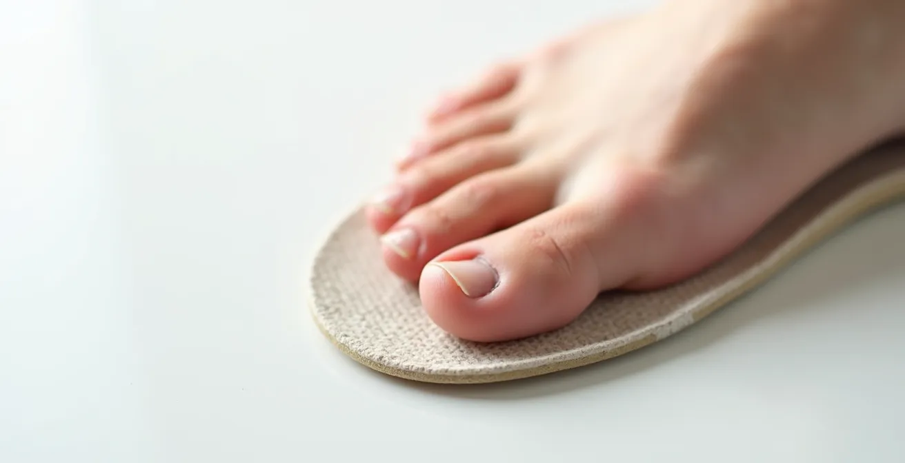 Foot standing on removed shoe insole showing toe overflow for proper fit assessment