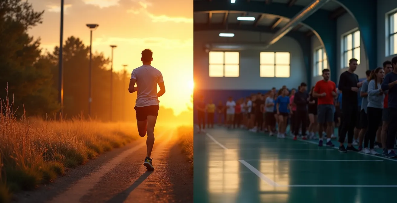 Split composition showing a solitary athlete on a trail versus a crowded group training environment, symbolizing internal vs. external accountability.