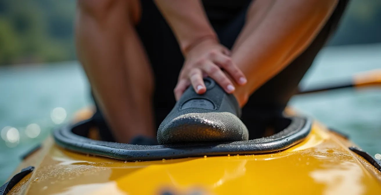 Extreme close-up of a paddler's foot in a neoprene bootie pressing firmly against a textured kayak footbrace, showing leg drive technique.