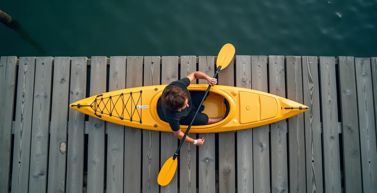 Overhead view of a kayaker on a dock demonstrating the proper paddle measurement technique with elbows held at 90-degree angles.