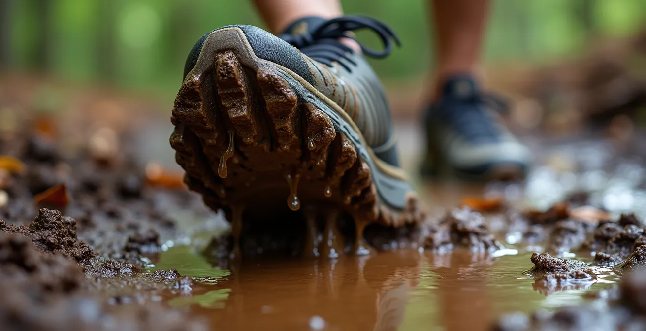 Extreme close-up of running shoe creating deep impression in thick mud showing energy absorption