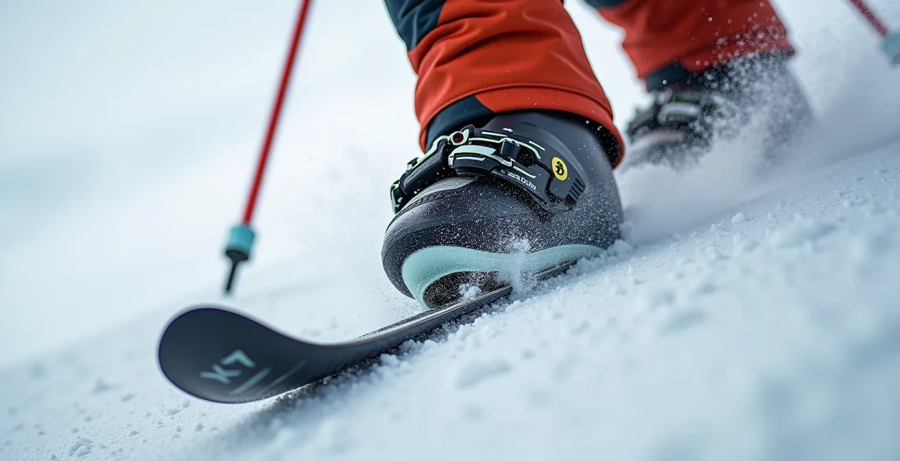 Close-up detail of ski boot showing pressure points during carving
