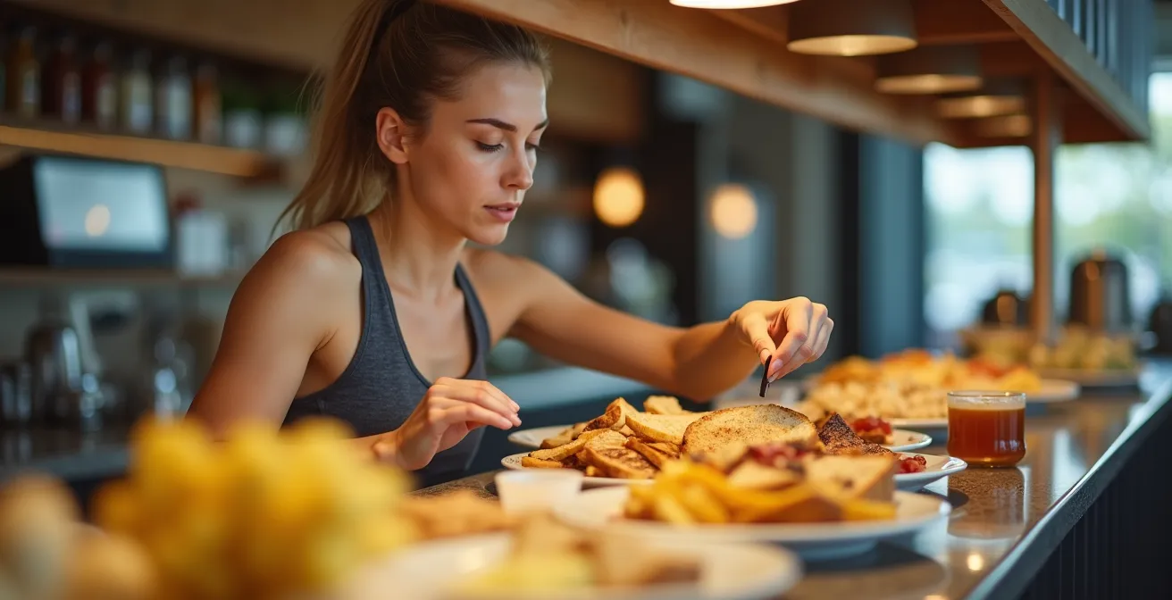 Athlete selecting plain carbohydrates at hotel breakfast buffet