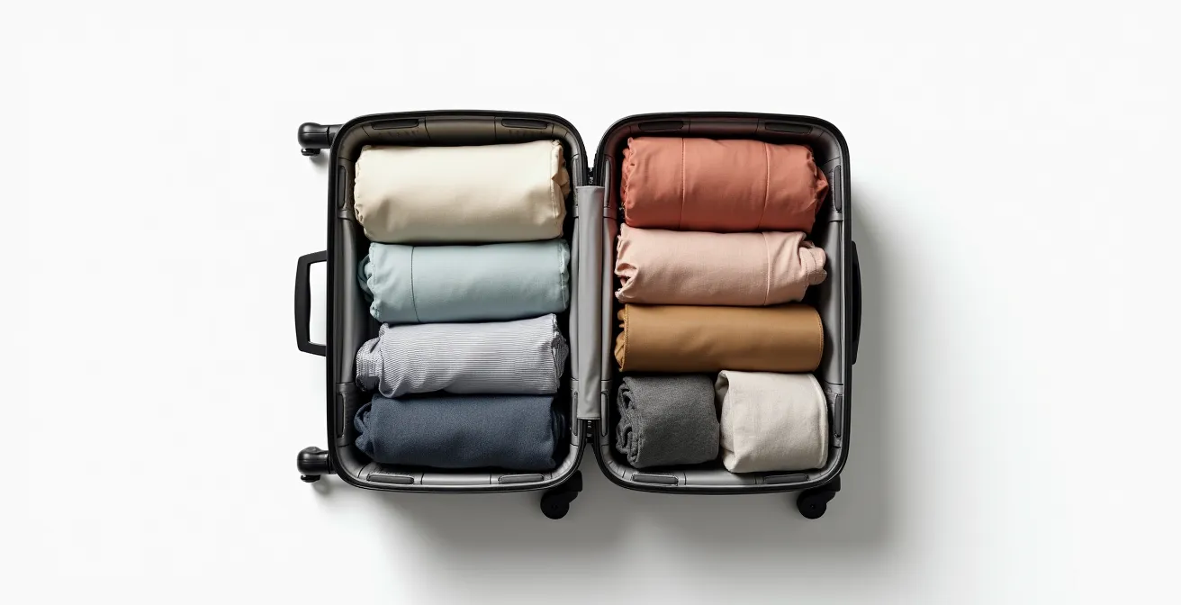 Overhead view of organized carry-on luggage with modular packing cubes