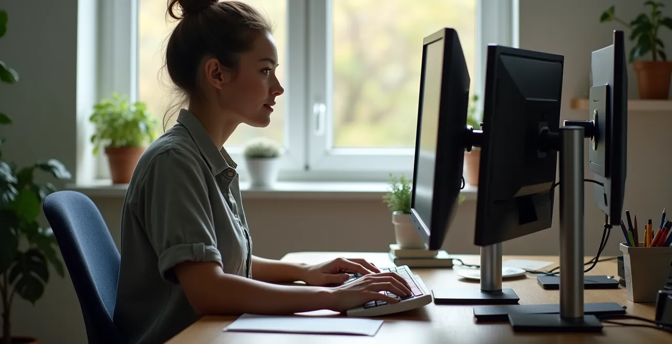 Demonstration of proper monitor height adjustment for neutral spine position