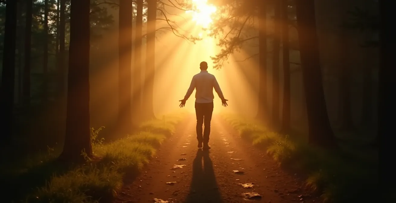 Early morning forest trail with golden sunbeams piercing through misty trees