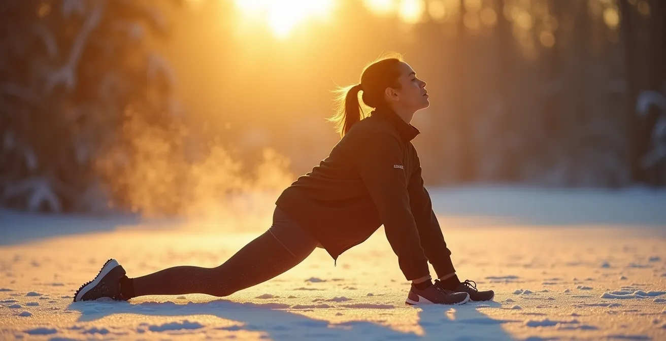 Athlete stretching outdoors at sunrise in winter with visible breath vapor