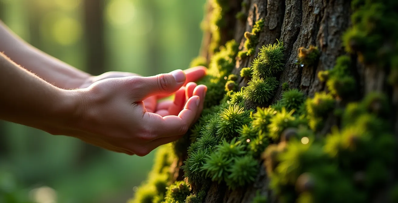 Close-up of hands touching moss-covered tree bark with dewdrops