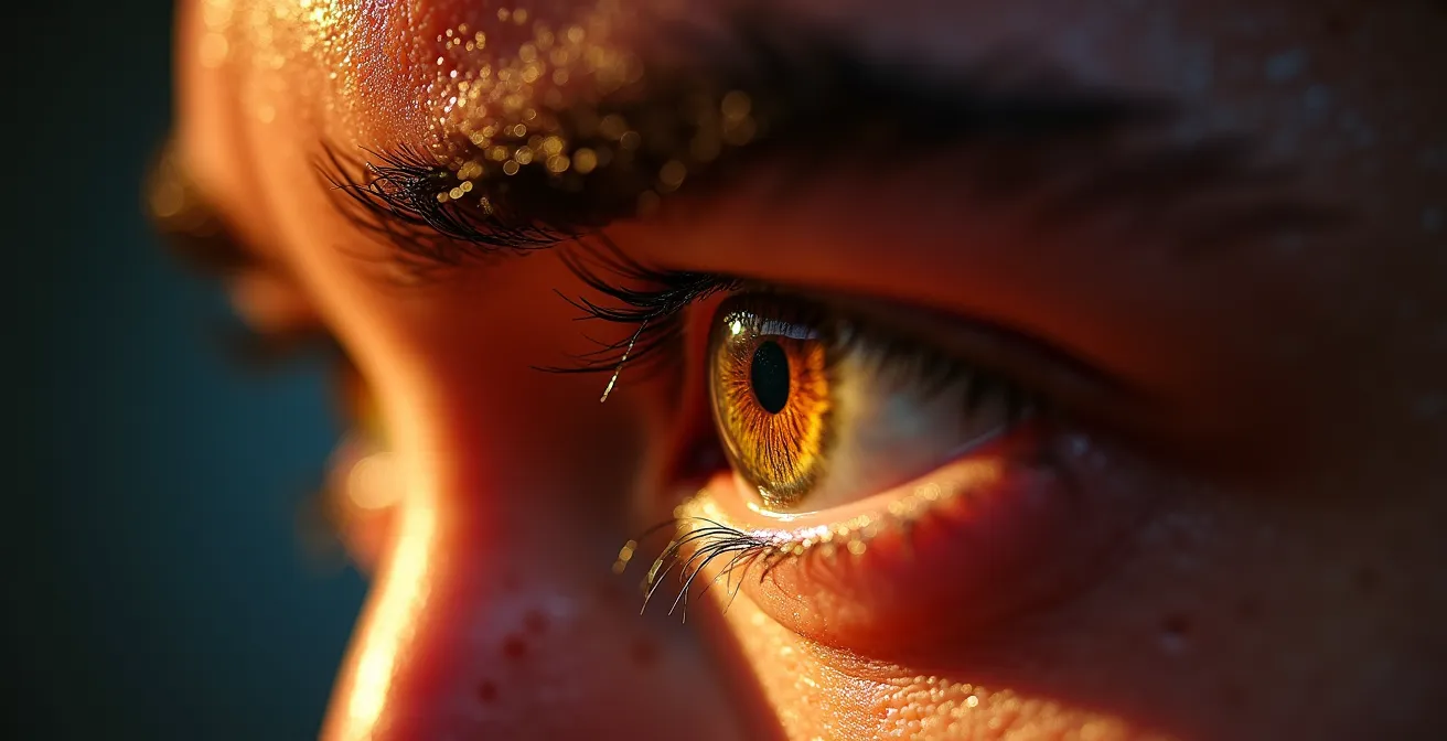 Extreme close-up of martial artist's focused eyes during repetitive training