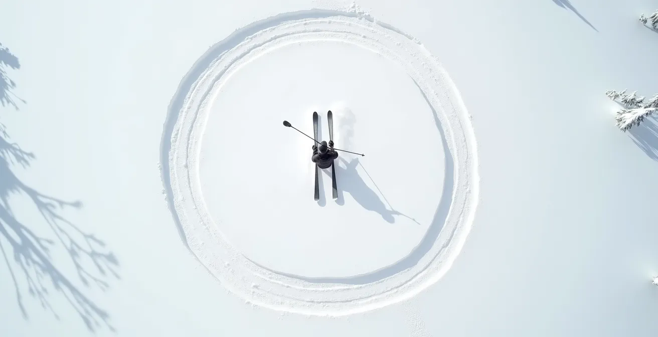 Aerial view of skier demonstrating two-footed steering technique through powder