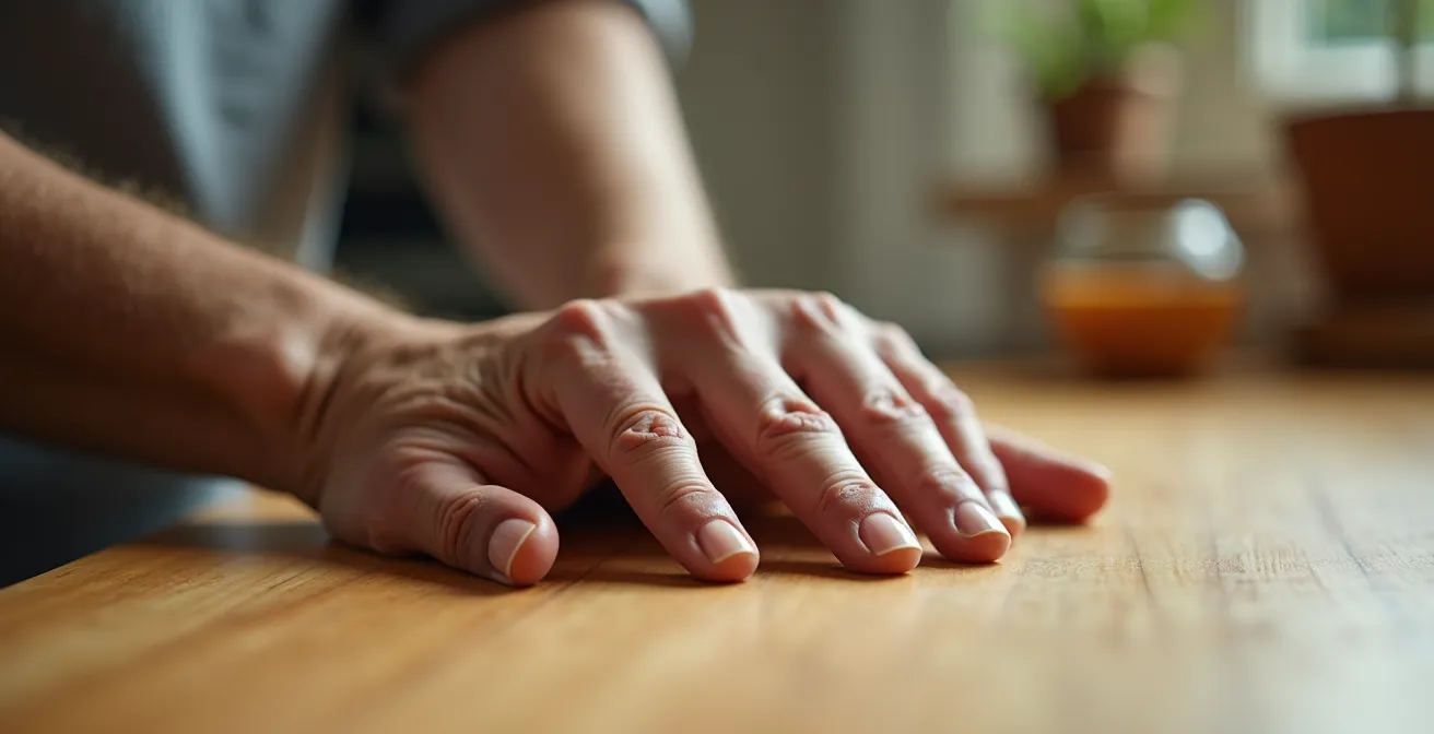 Close-up of senior's hand transitioning from full palm to fingertip support on counter during balance exercise