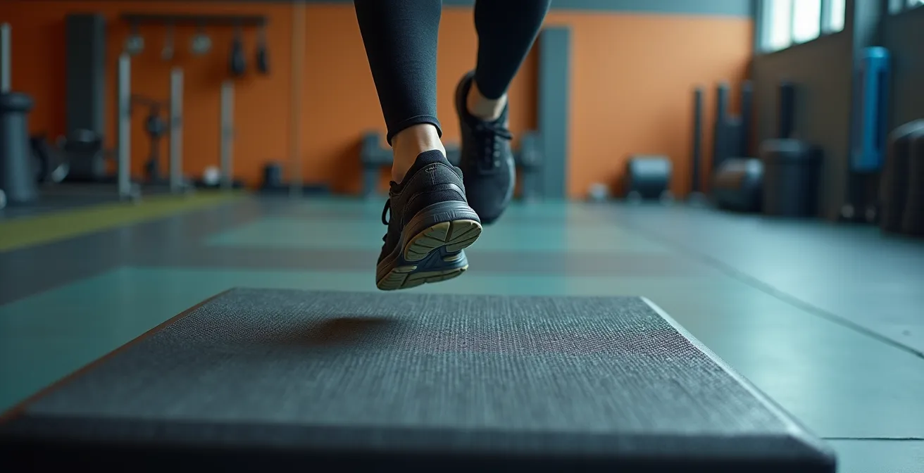 Athletic demonstration of silent landing mechanics on plyometric box
