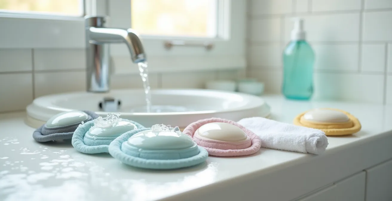 Sports protective pads arranged for safe cleaning with cool water and air drying on a towel.