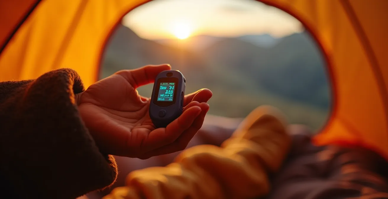 Close-up of hands using pulse oximeter at high altitude