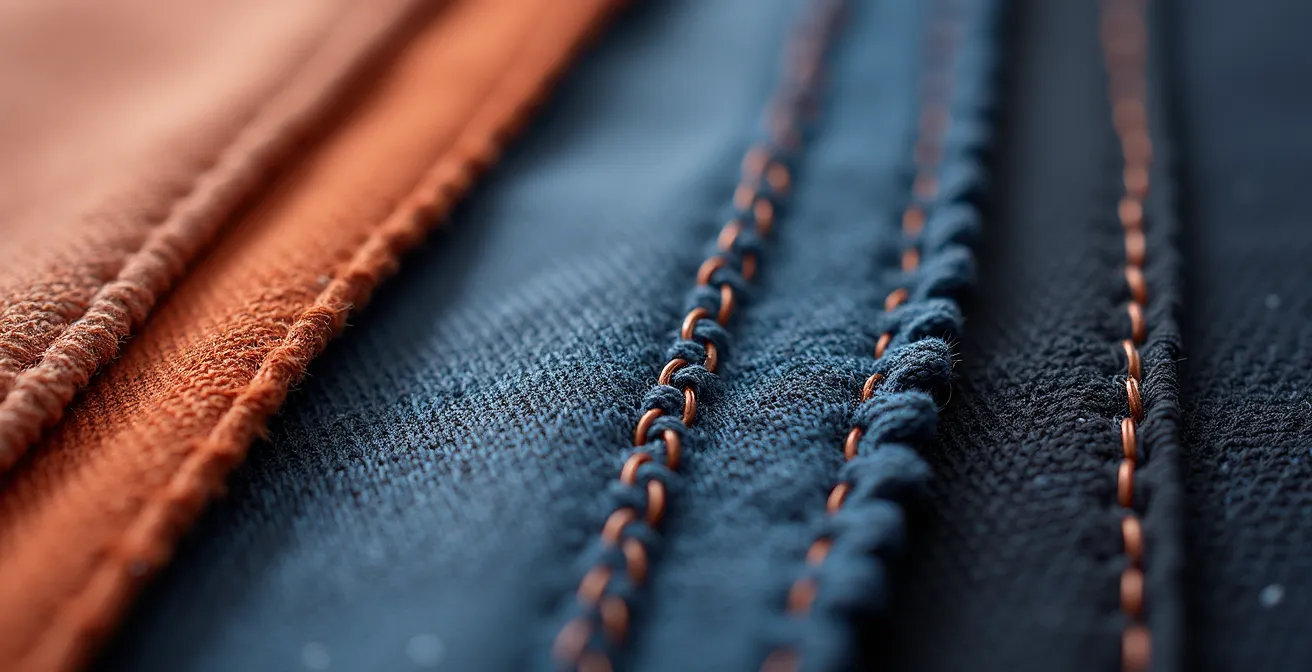 A close-up macro view comparing three seam types on athletic apparel: bulky overlocked, smooth flatlock, and seamless bonded.