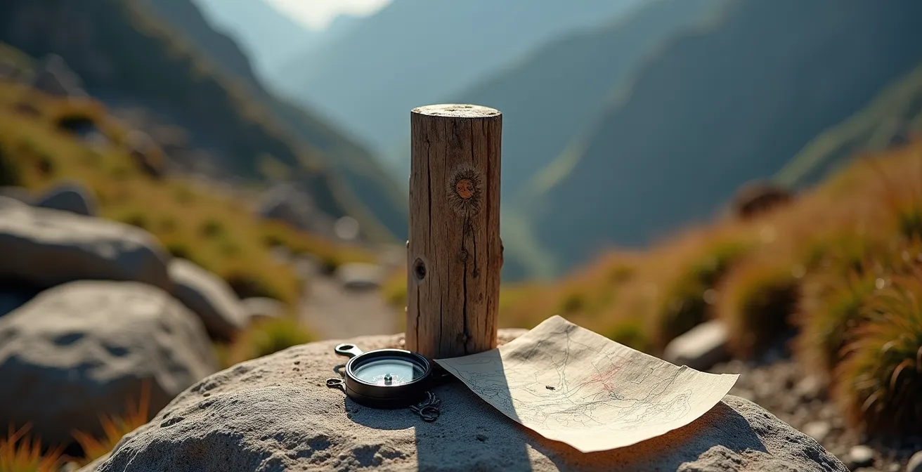 Hikers at trail junction evaluating route options with risk assessment tools