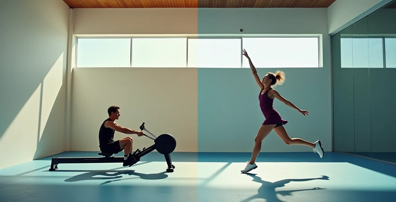 Split composition showing rowing machine form versus tennis serve mechanics and their effects on posture