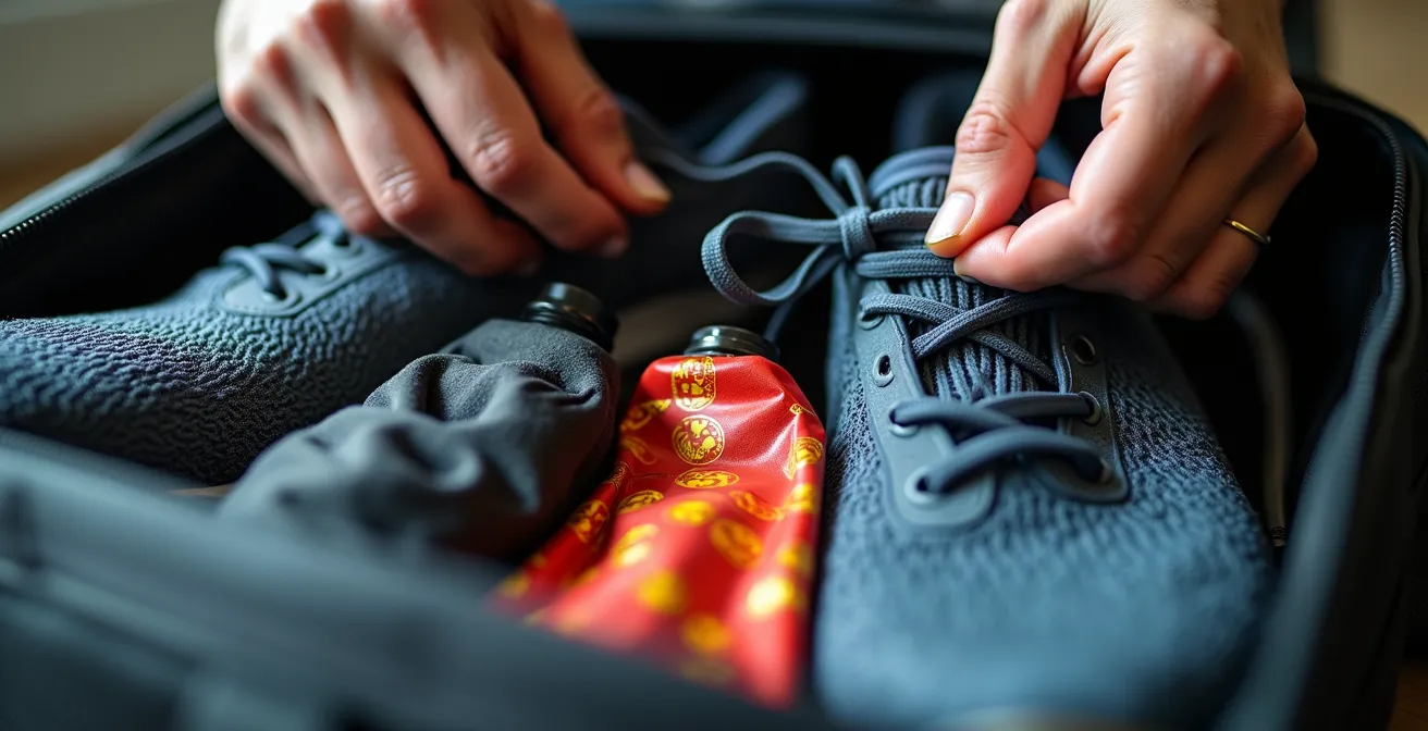 Runner carefully organizing race gear in carry-on luggage