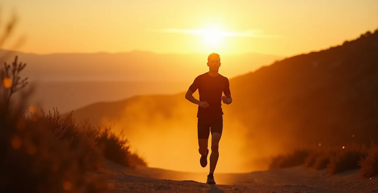 Runner in moisture-wicking gear during golden hour showing fabric performance