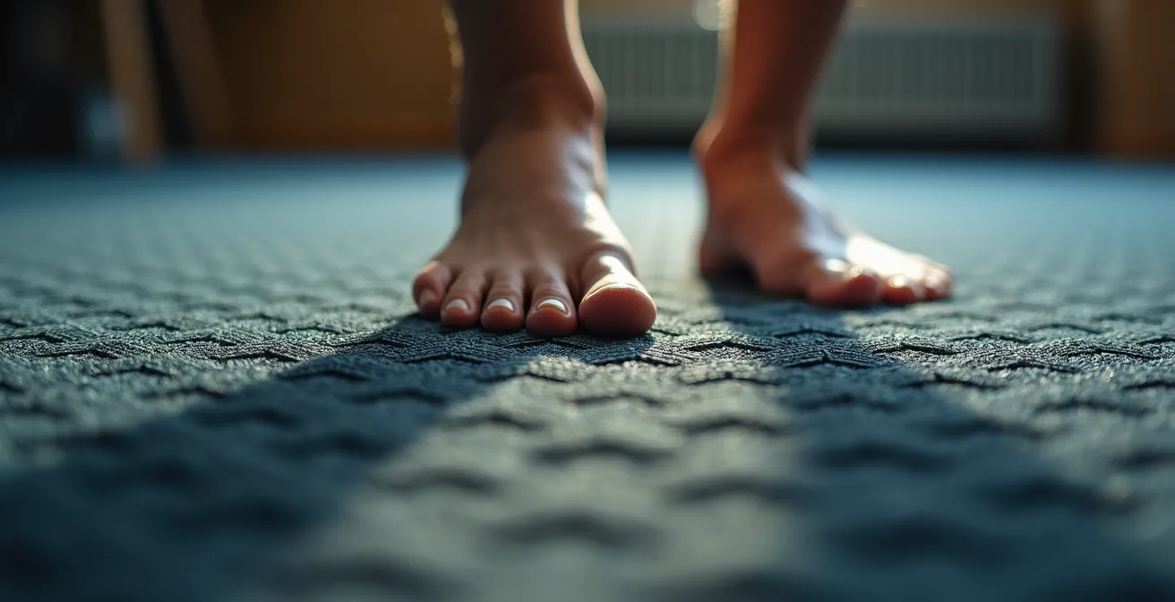 High-density exercise mat placed over carpet with person performing controlled mountain climbers