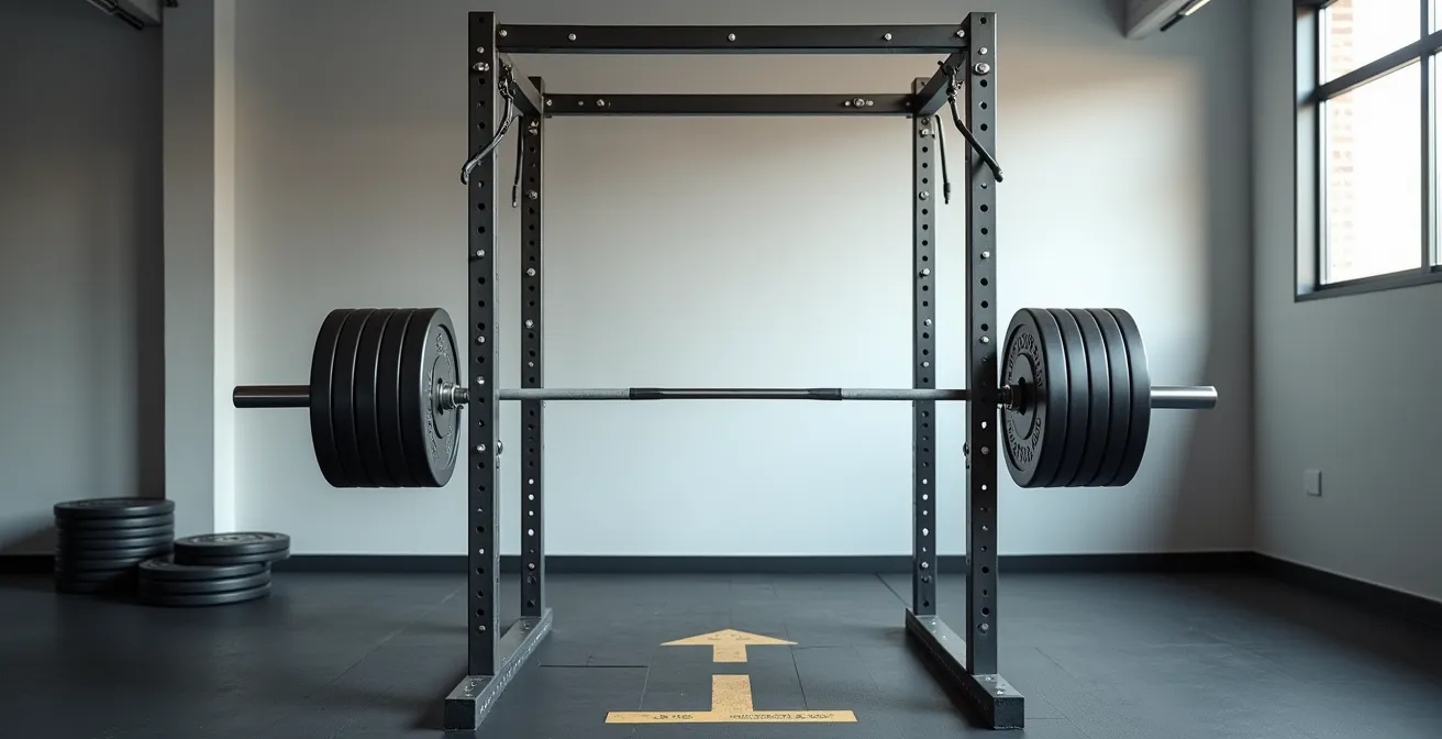 Wide angle view of properly configured power rack with safety pins set for solo squatting