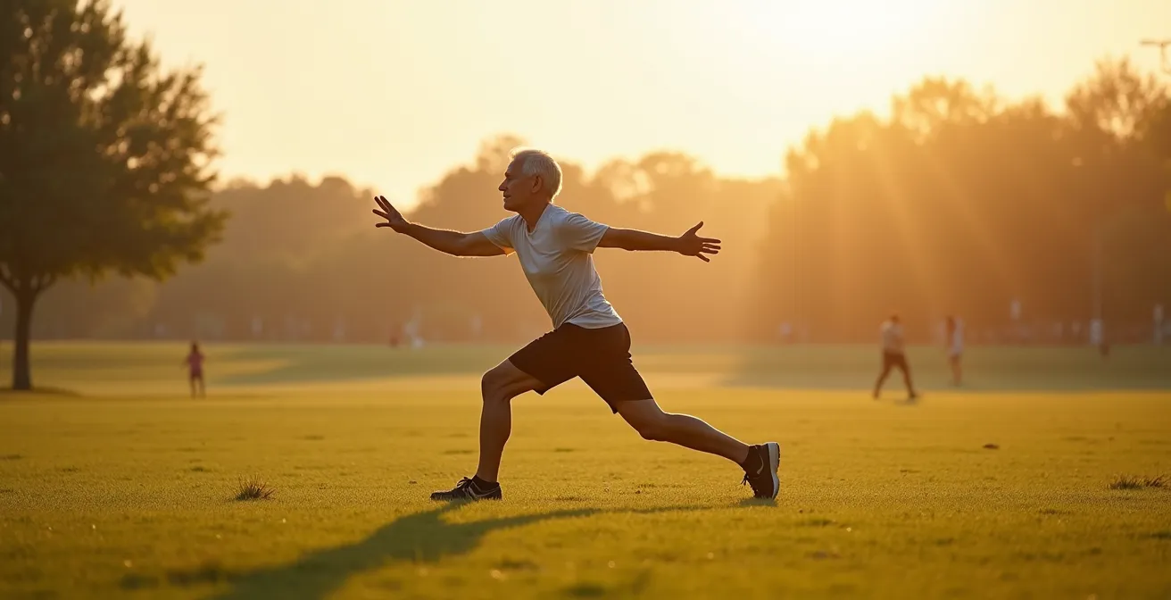 Older adult performing bodyweight lunge exercise in park demonstrating three-dimensional movement control