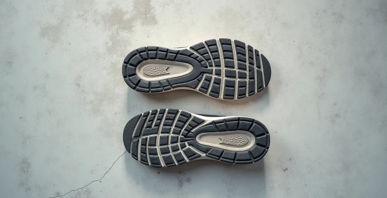 Three running shoe outsoles showing different wear patterns from various gait types