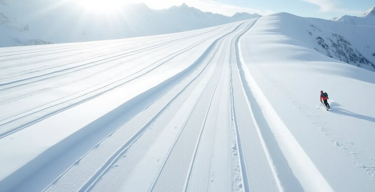 Pristine ski slope with two sets of tracks: messy, skidded turns transitioning to clean, sharp carved S-turns.